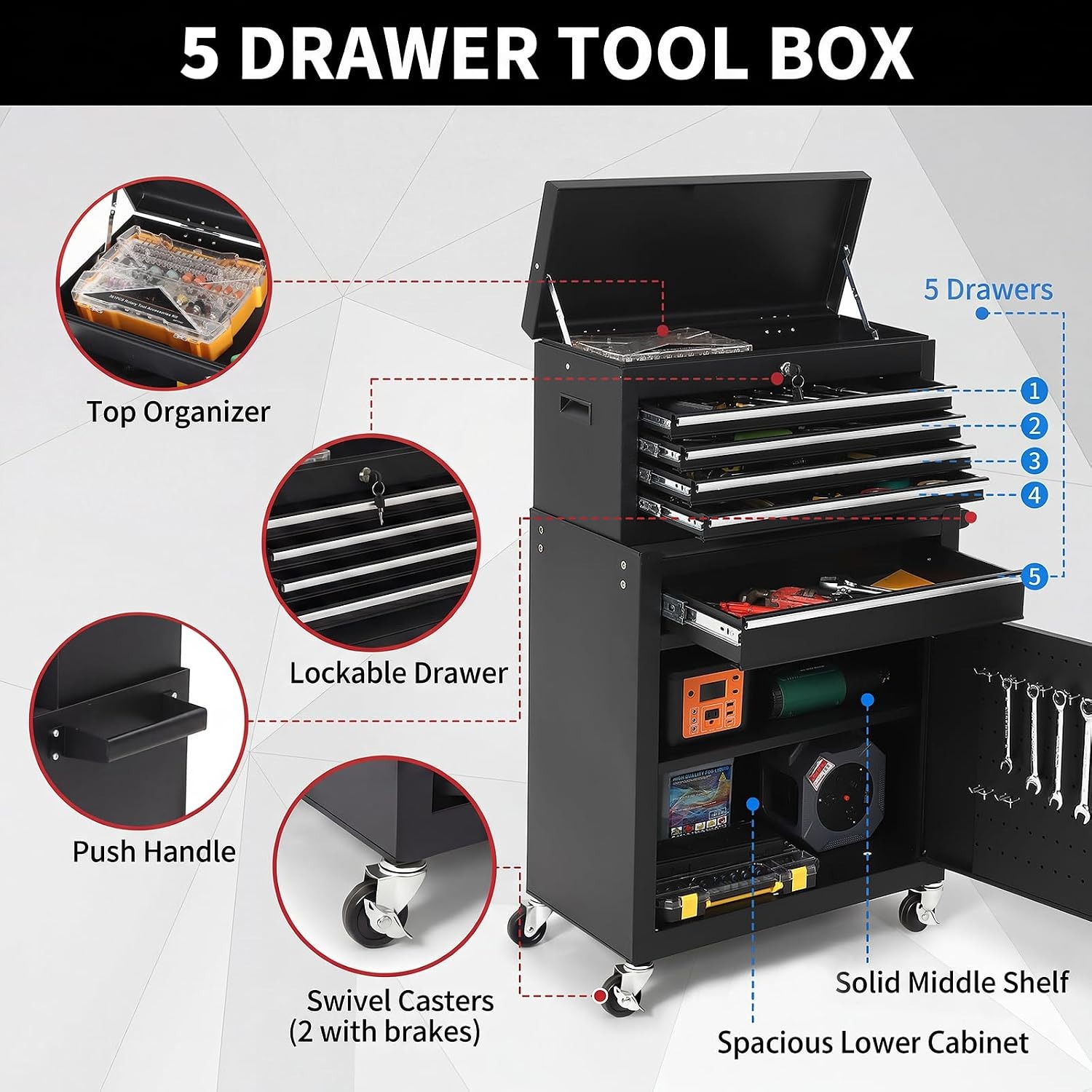 5 Drawer Rolling Tool Cabinet  - Workshop Tools Trolley recension och pris